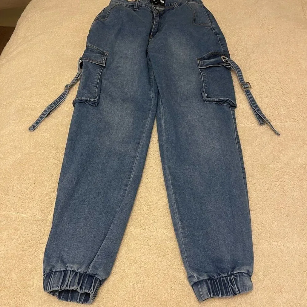 Cargo Style Denim Jogger Pants With Elastic Cuffs & Side Pockets By Fashion Nova